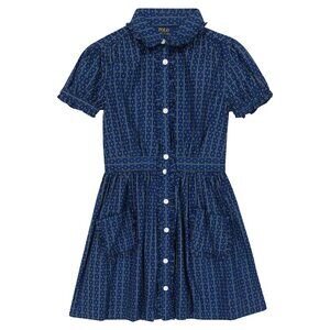 Polo Ralph Lauren Girls Navy Blue Geometric Printed Cotton Poplin Dress